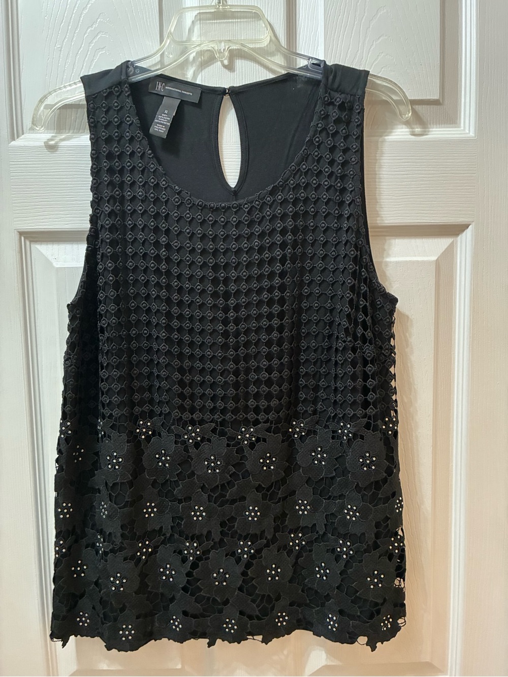 INC International Concepts Black Sleeveless Crochet & Floral Eyelet Tank